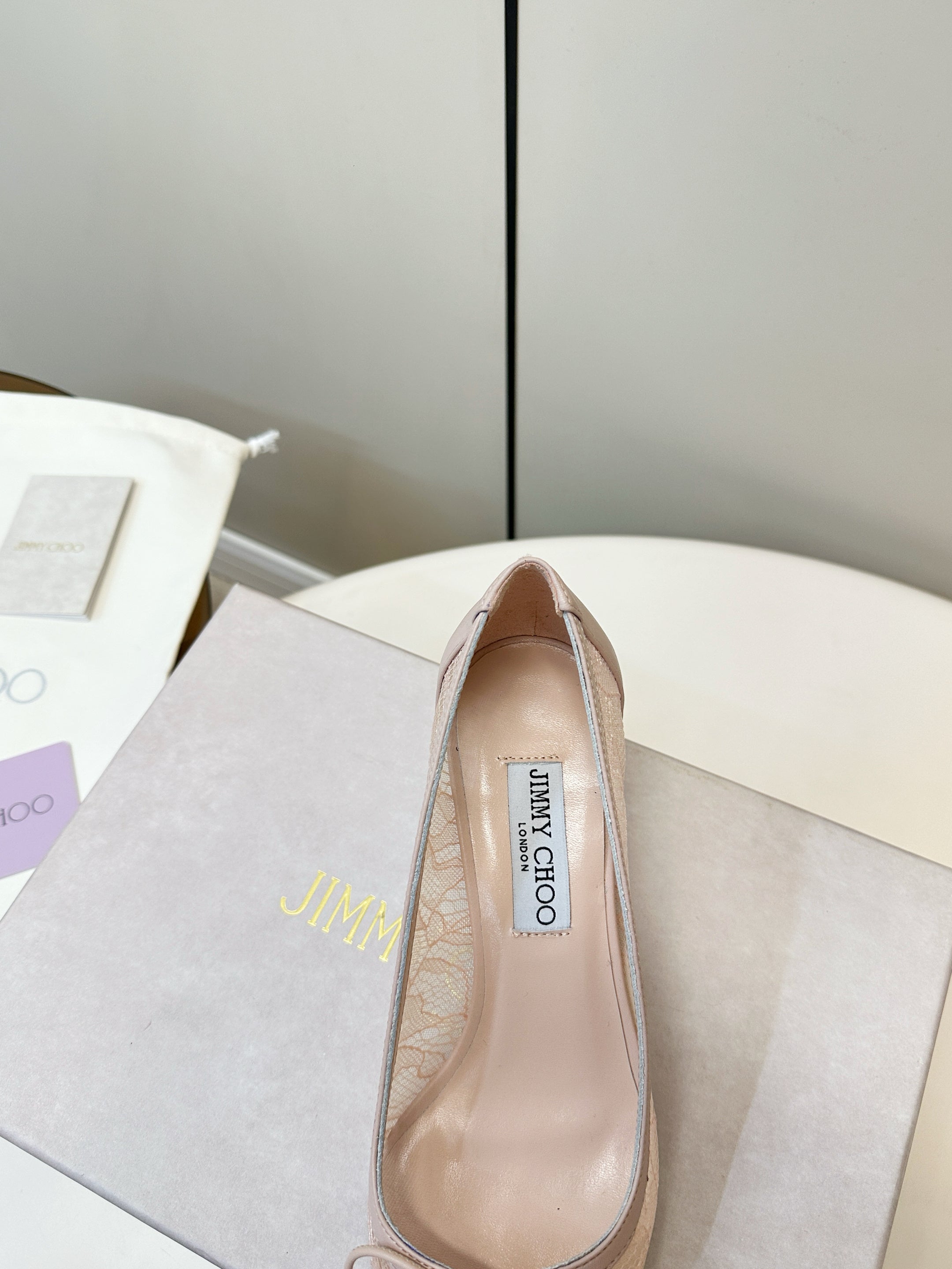 JIMMY CHOO 26S LACE-UP HEELS IN LIGHT NUDE PINK LACE AND LAMBSKIN