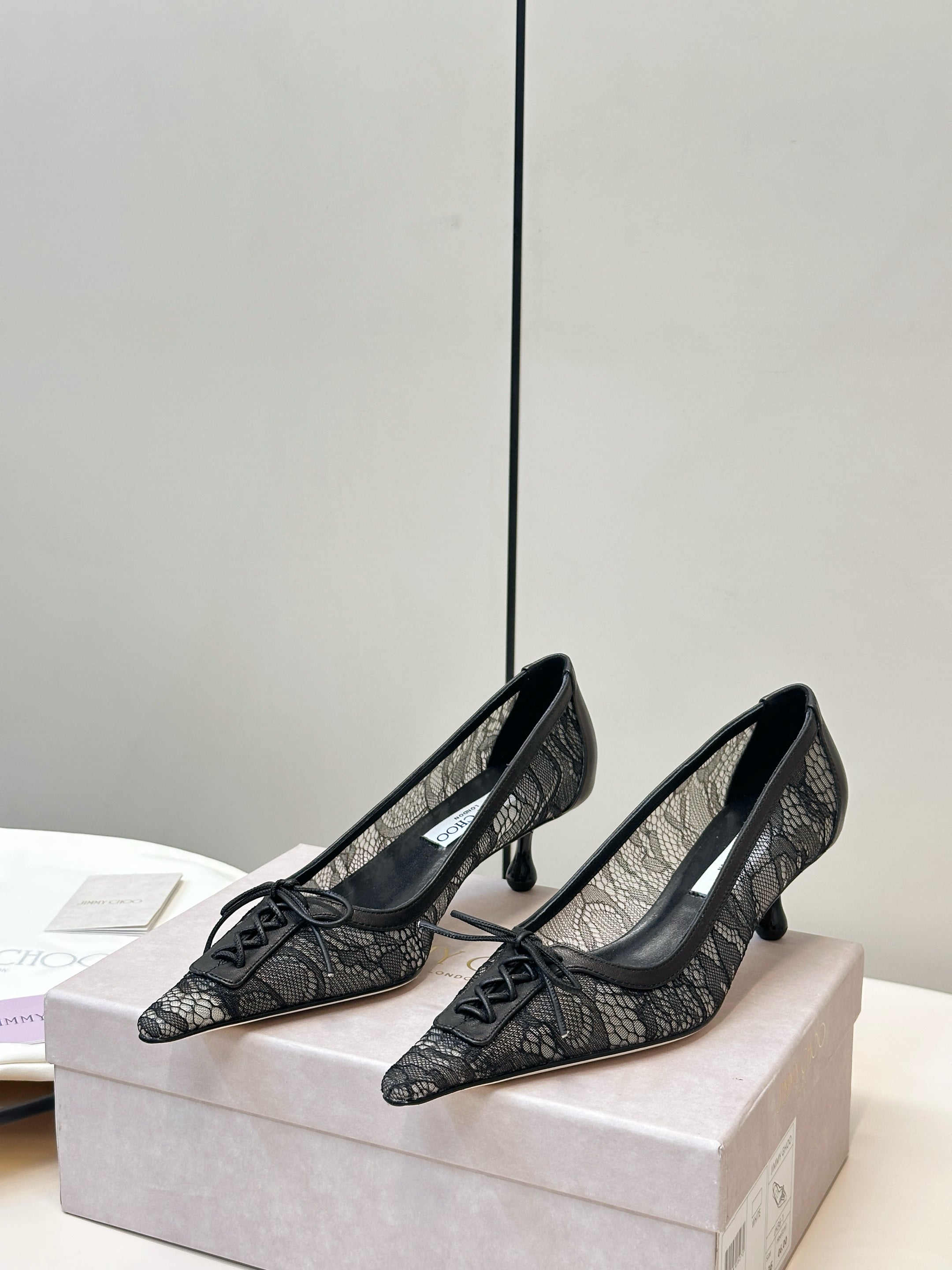 JIMMY CHOO 26S LACE-UP HEELS IN BLACK LACE AND LAMBSKIN