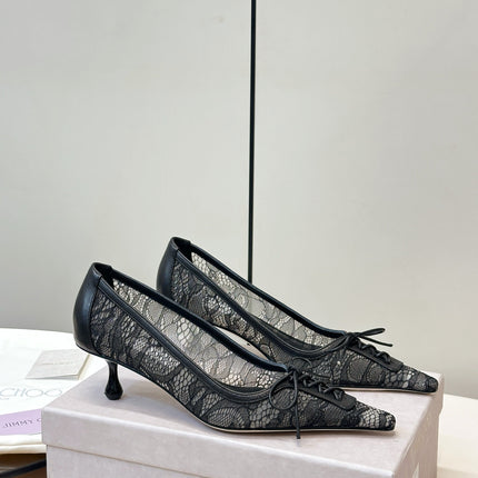 JIMMY CHOO 26S LACE-UP HEELS IN BLACK LACE AND LAMBSKIN