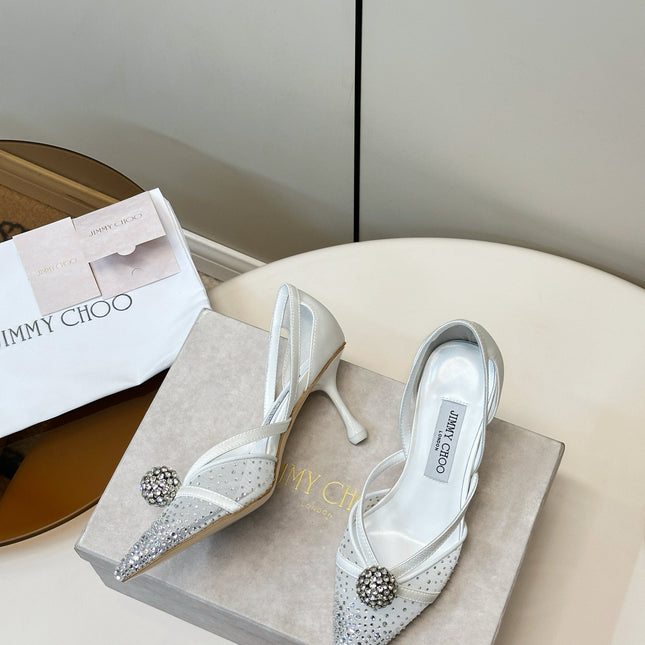 JIMMY CHOO 26S POINTED-TOE HIGH HEELS IN WHITE CRYSTAL EMBELLISHMENT