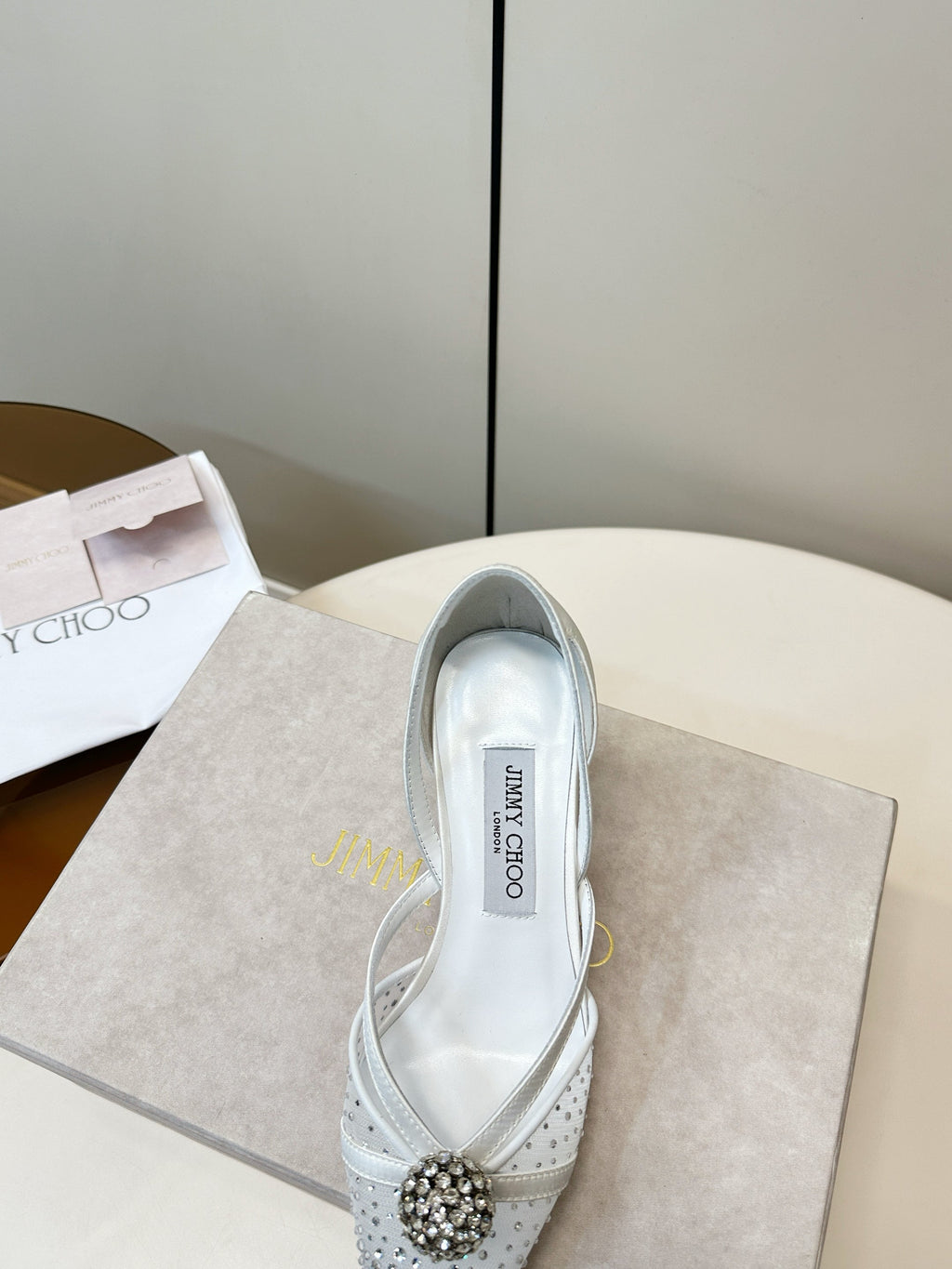 JIMMY CHOO 26S POINTED-TOE HIGH HEELS IN WHITE CRYSTAL EMBELLISHMENT