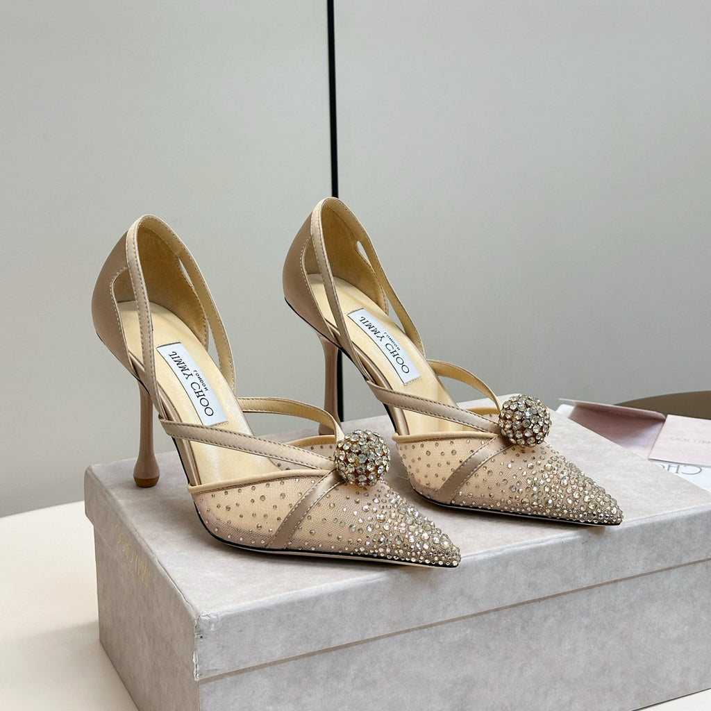 JIMMY CHOO 26S POINTED-TOE HIGH HEELS IN BEIGE CRYSTAL EMBELLISHMENT