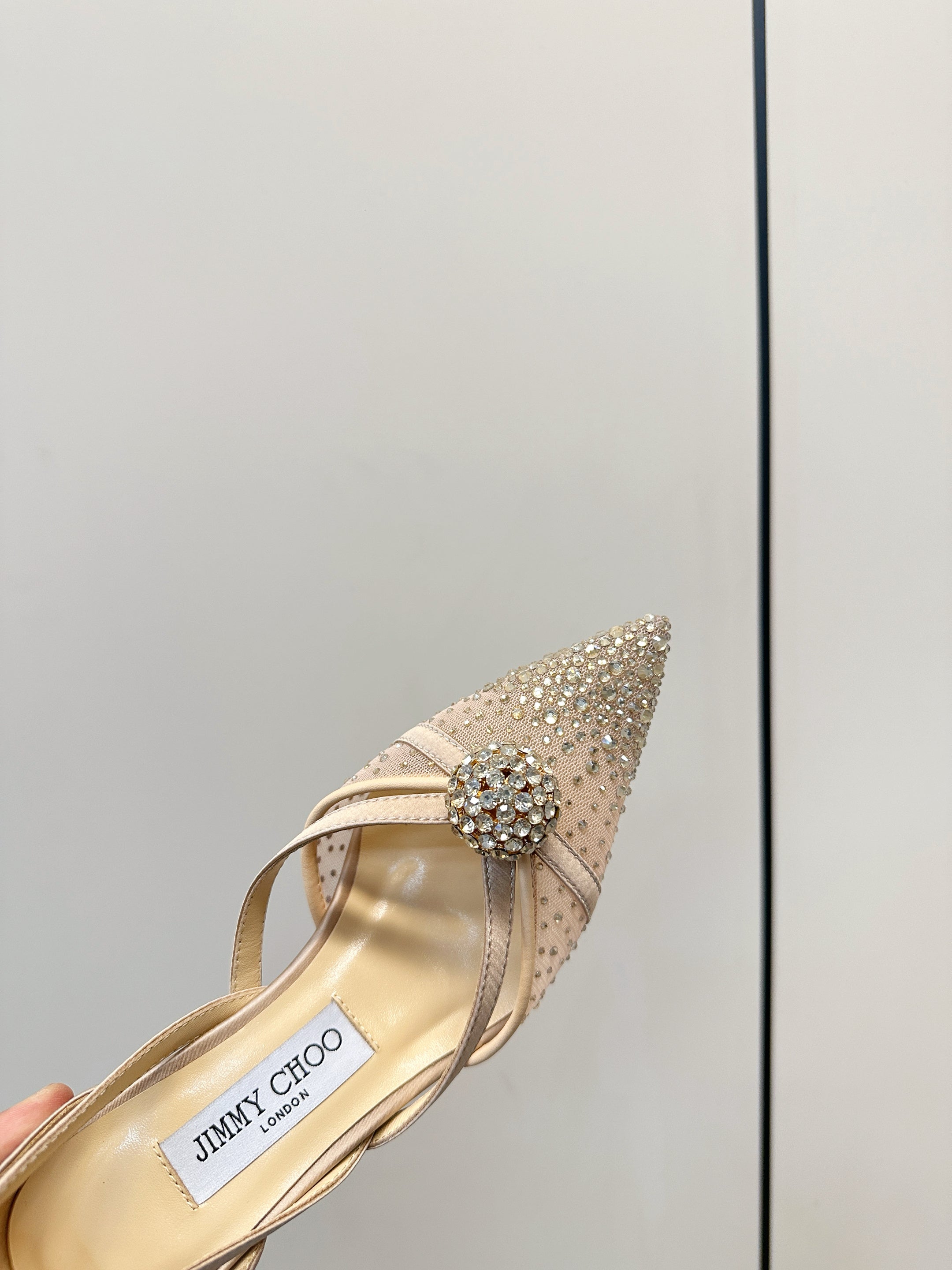 JIMMY CHOO 26S POINTED-TOE HIGH HEELS IN BEIGE CRYSTAL EMBELLISHMENT