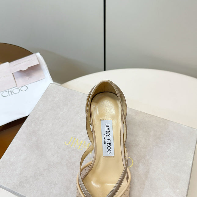 JIMMY CHOO 26S POINTED-TOE HIGH HEELS IN BEIGE CRYSTAL EMBELLISHMENT