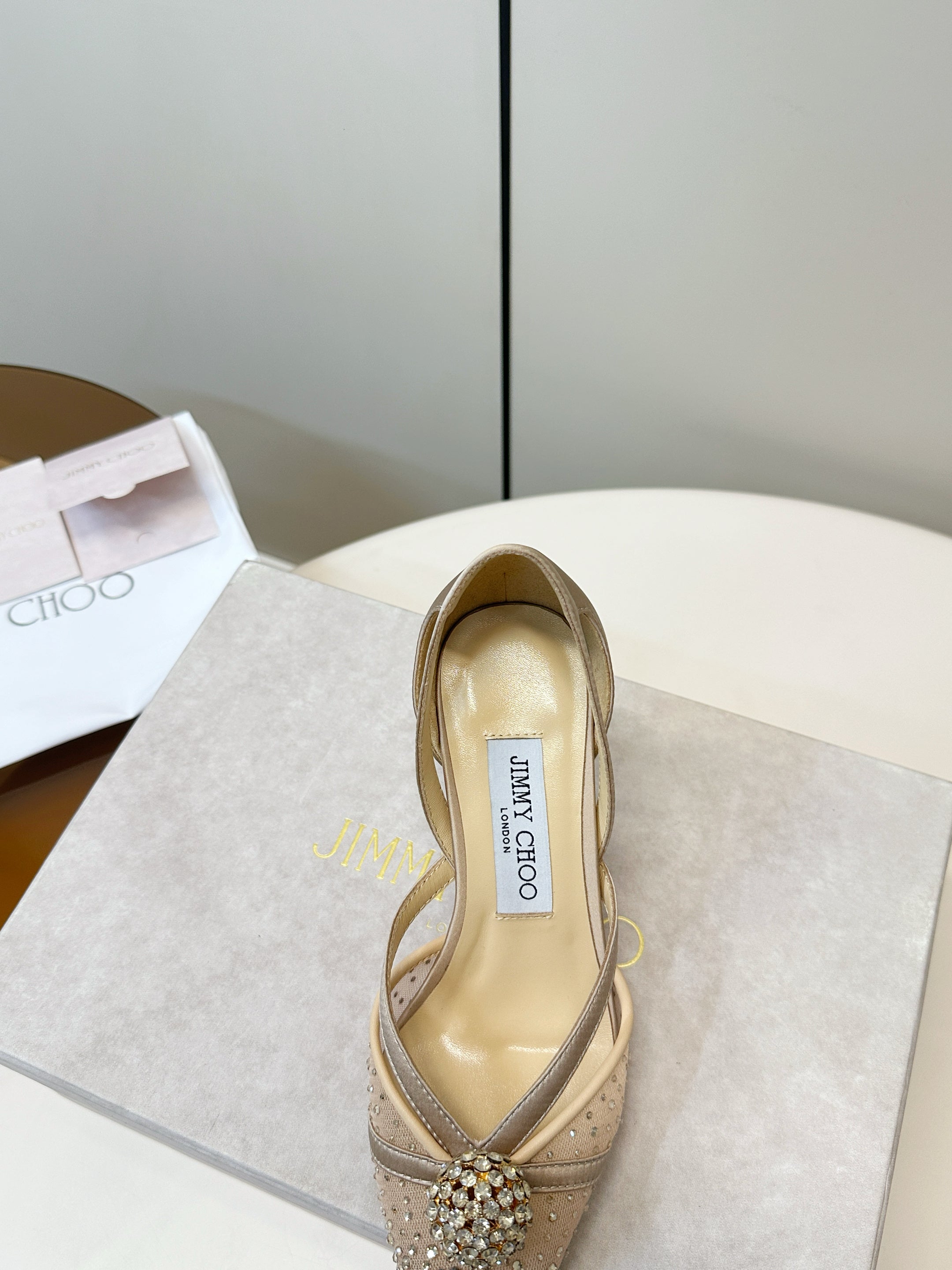 JIMMY CHOO 26S POINTED-TOE HIGH HEELS IN BEIGE CRYSTAL EMBELLISHMENT