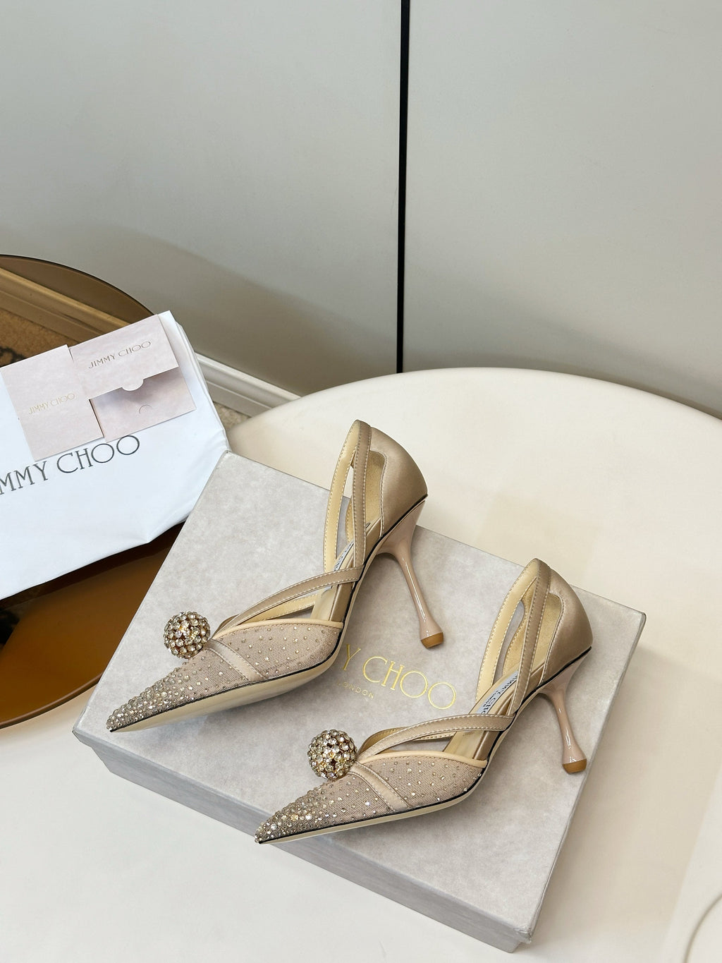 JIMMY CHOO 26S POINTED-TOE HIGH HEELS IN BEIGE CRYSTAL EMBELLISHMENT