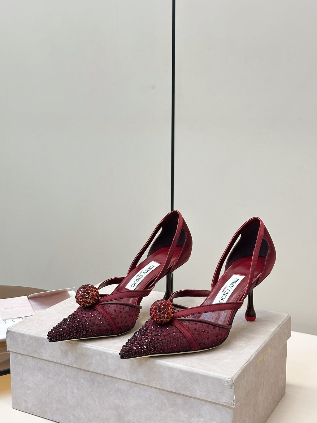 JIMMY CHOO 26S POINTED-TOE HIGH HEELS IN DARK RED CRYSTAL EMBELLISHMENT