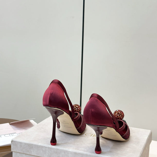 JIMMY CHOO 26S POINTED-TOE HIGH HEELS IN DARK RED CRYSTAL EMBELLISHMENT
