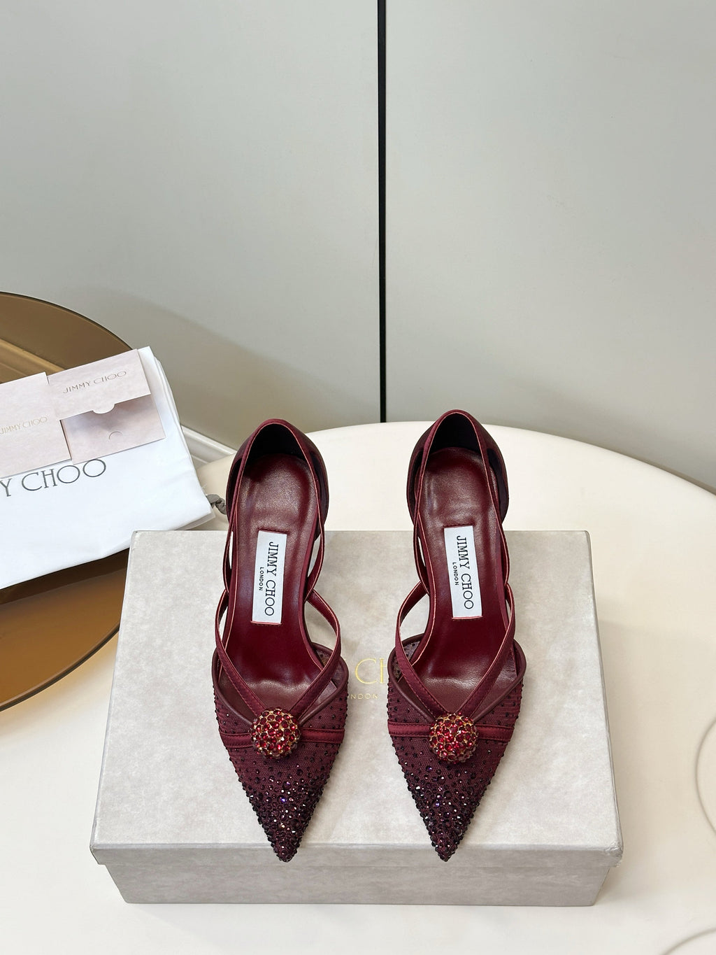 JIMMY CHOO 26S POINTED-TOE HIGH HEELS IN DARK RED CRYSTAL EMBELLISHMENT