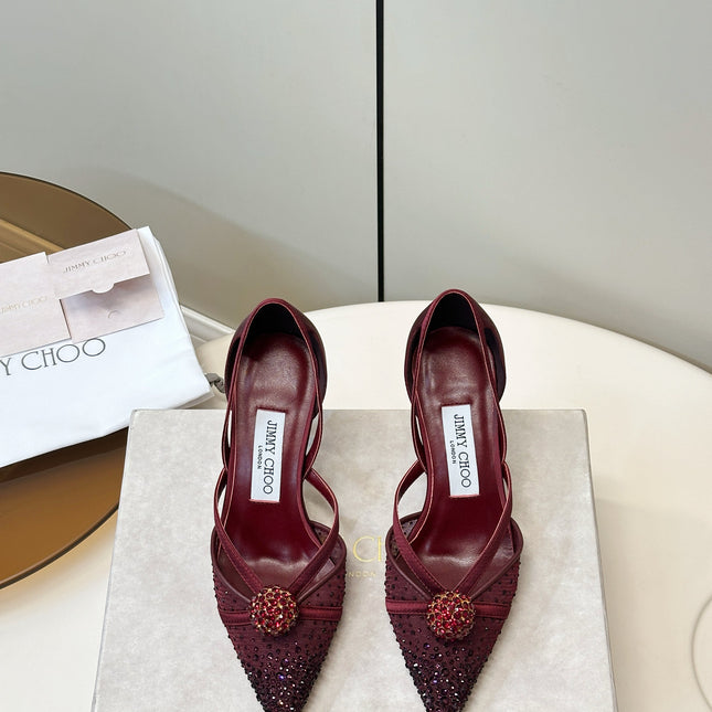 JIMMY CHOO 26S POINTED-TOE HIGH HEELS IN DARK RED CRYSTAL EMBELLISHMENT