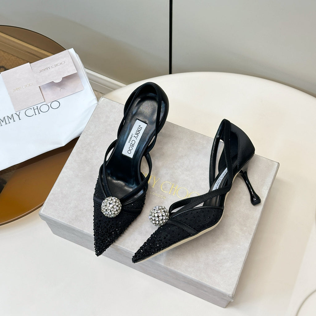 JIMMY CHOO 26S POINTED-TOE HIGH HEELS IN BLACK CRYSTAL EMBELLISHMENT