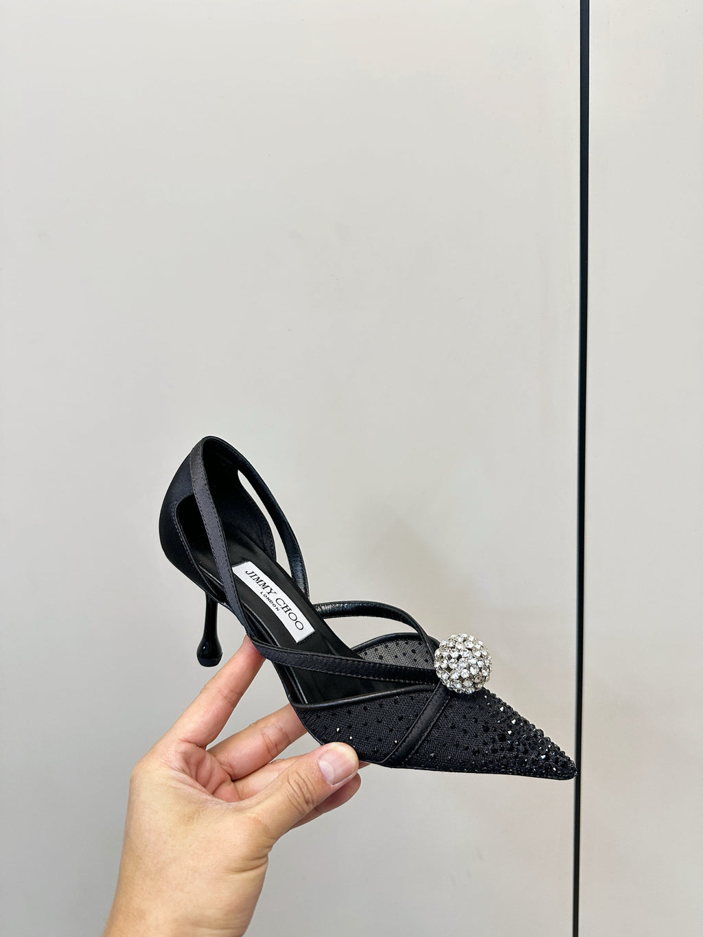 JIMMY CHOO 26S POINTED-TOE HIGH HEELS IN BLACK CRYSTAL EMBELLISHMENT