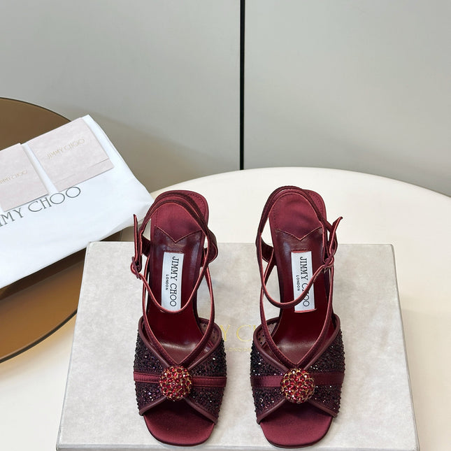 JIMMY CHOO 26S  HEELED SANDALS 100 MM IN DARK RED CRYSTAL EMBELLISHMENT