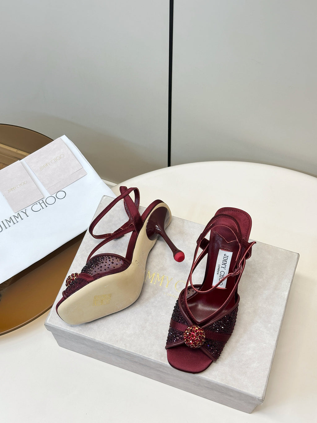 JIMMY CHOO 26S  HEELED SANDALS 100 MM IN DARK RED CRYSTAL EMBELLISHMENT