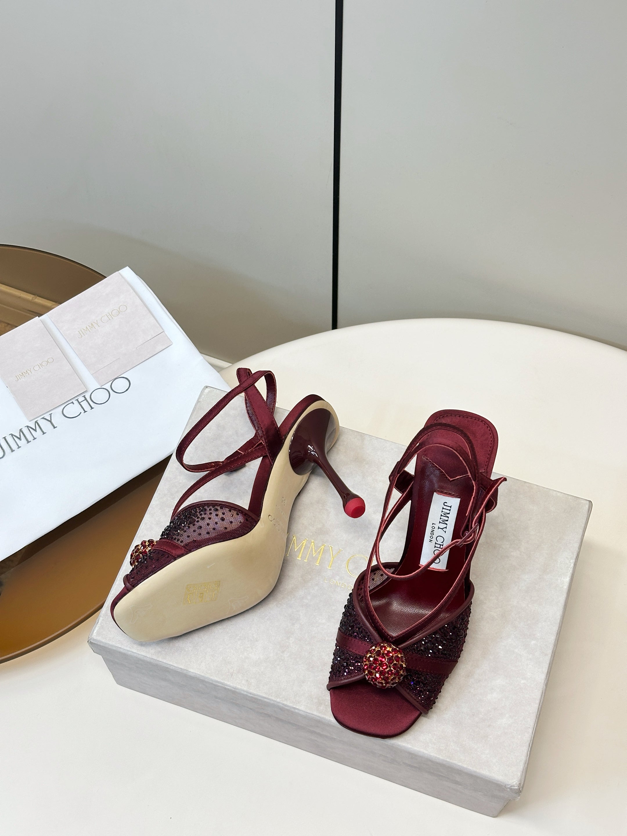 JIMMY CHOO 26S  HEELED SANDALS 100 MM IN DARK RED CRYSTAL EMBELLISHMENT