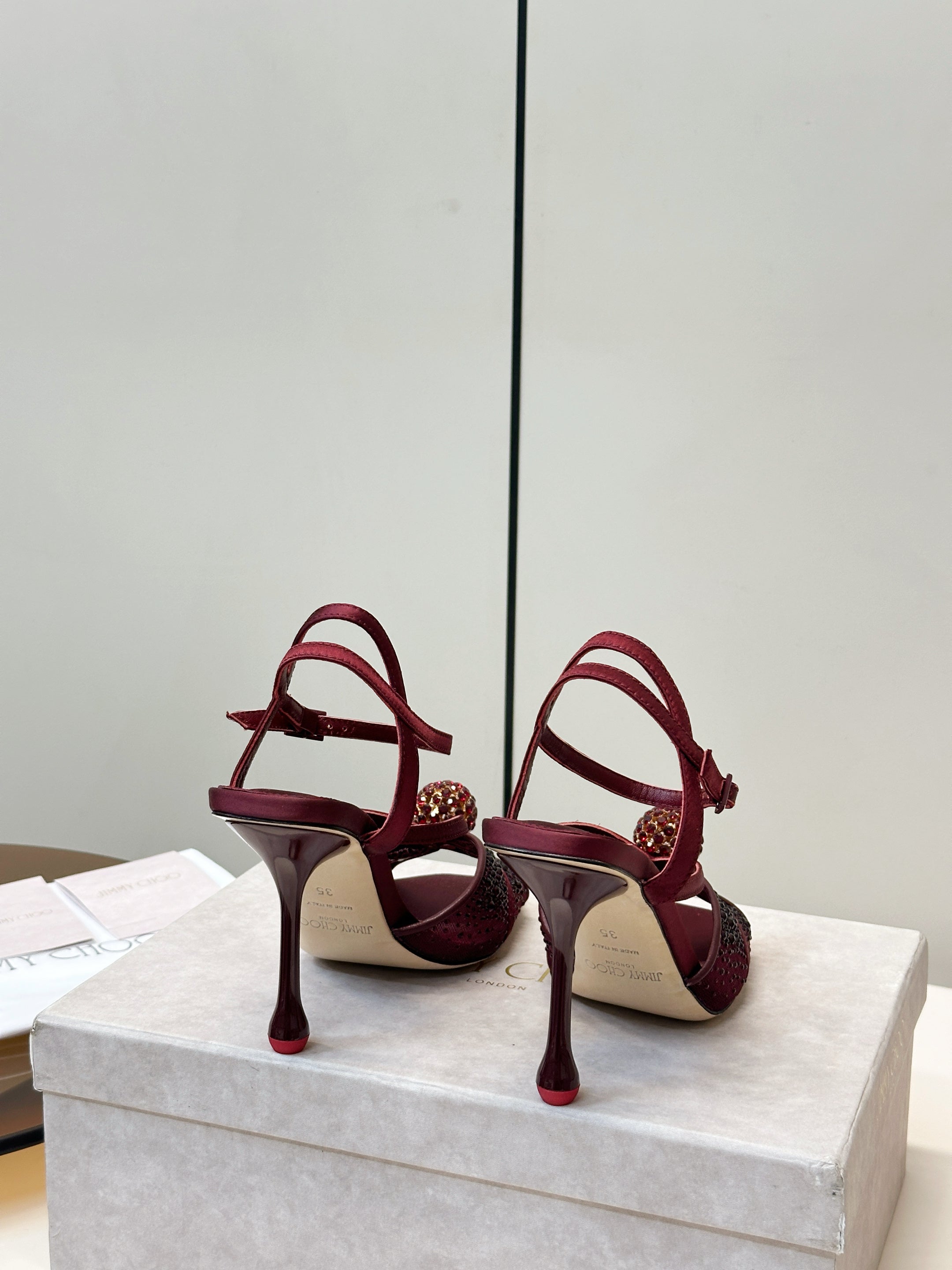 JIMMY CHOO 26S  HEELED SANDALS 100 MM IN DARK RED CRYSTAL EMBELLISHMENT