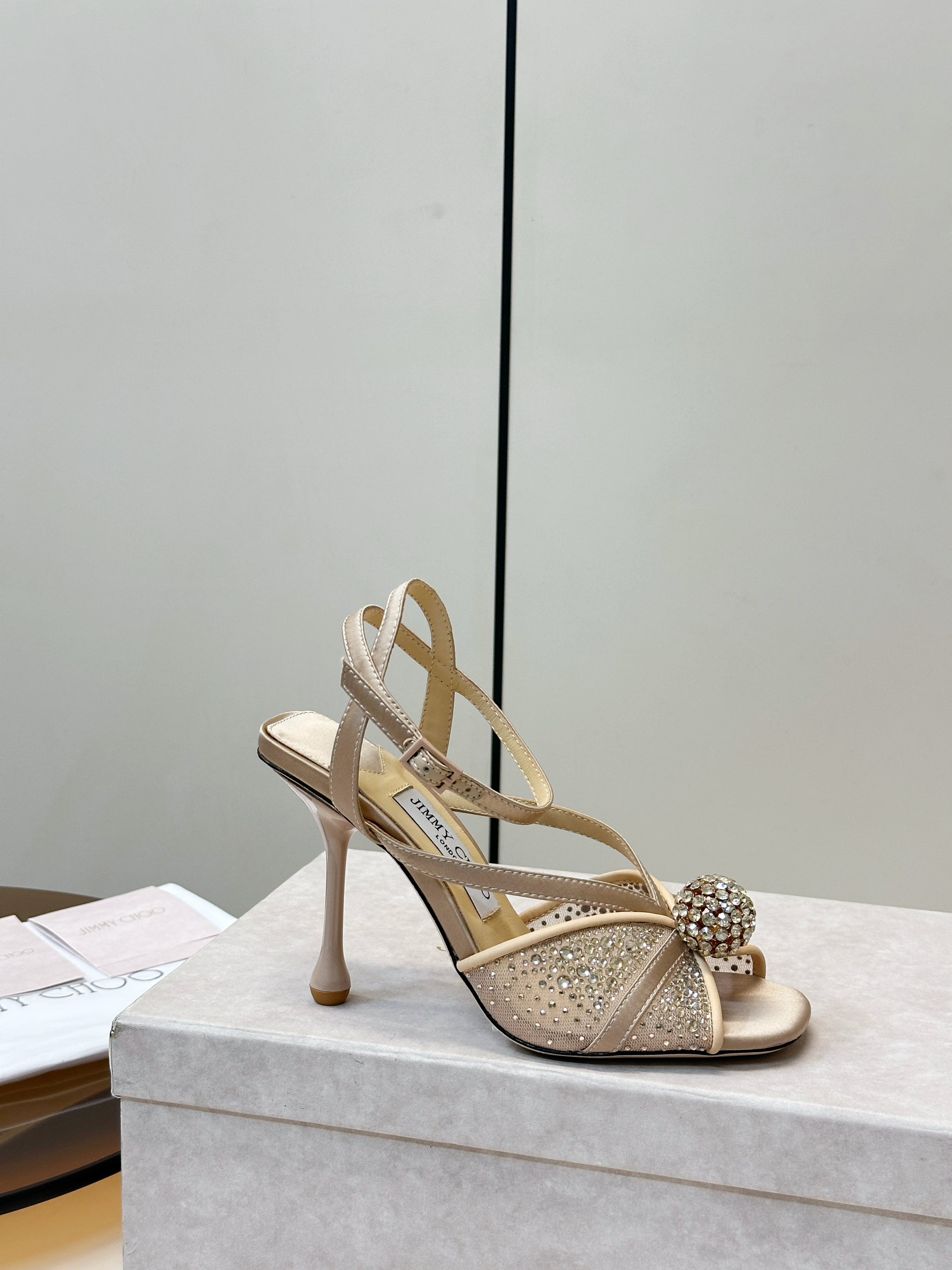 JIMMY CHOO 26S HEELED SANDALS 100 MM IN BEIGE CRYSTAL EMBELLISHMENT