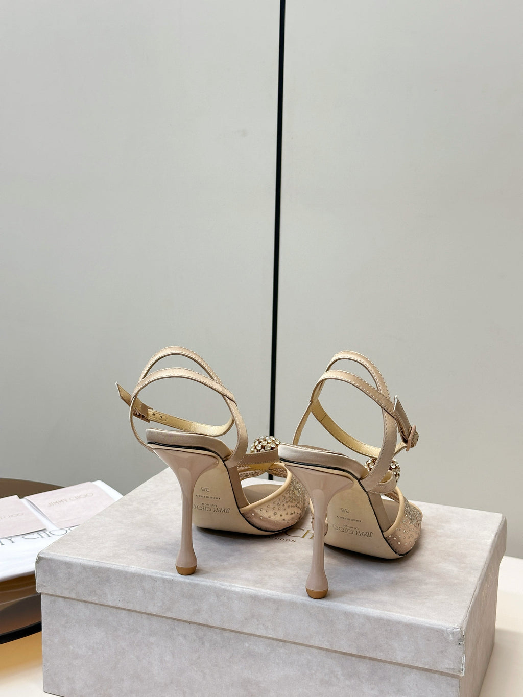 JIMMY CHOO 26S HEELED SANDALS 100 MM IN BEIGE CRYSTAL EMBELLISHMENT