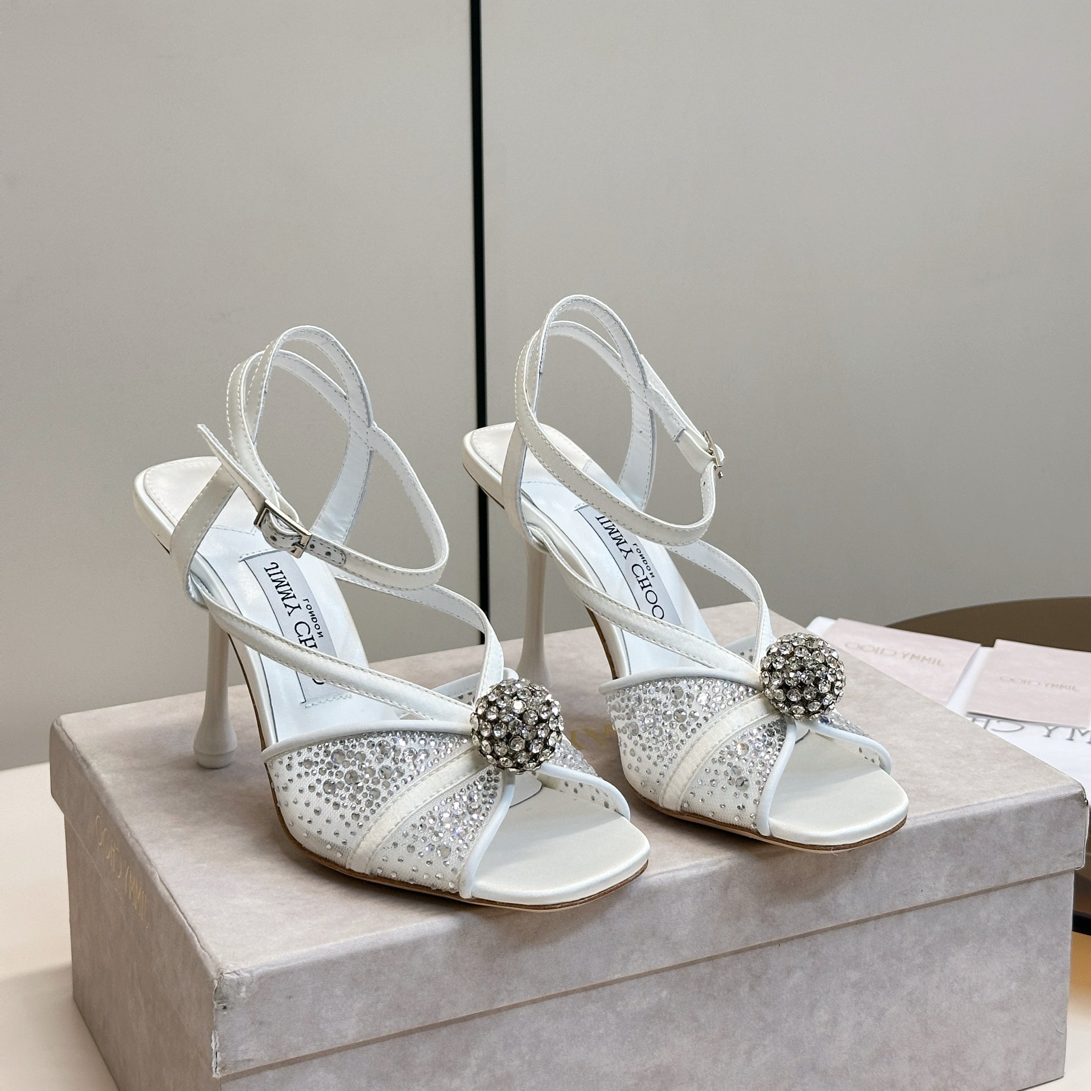 JIMMY CHOO 26S HEELED SANDALS 100 MM IN WHITE CRYSTAL EMBELLISHMENT
