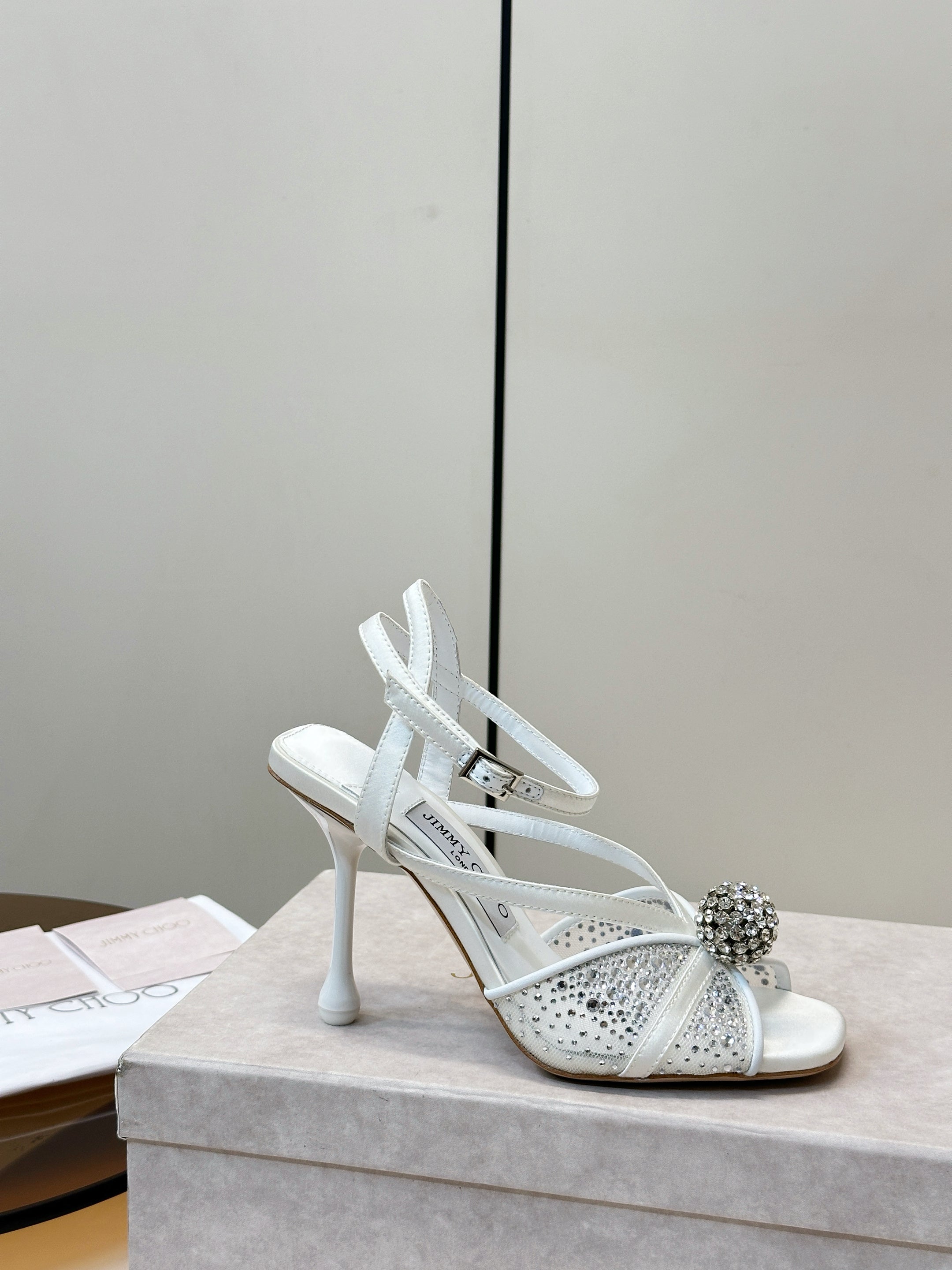 JIMMY CHOO 26S HEELED SANDALS 100 MM IN WHITE CRYSTAL EMBELLISHMENT