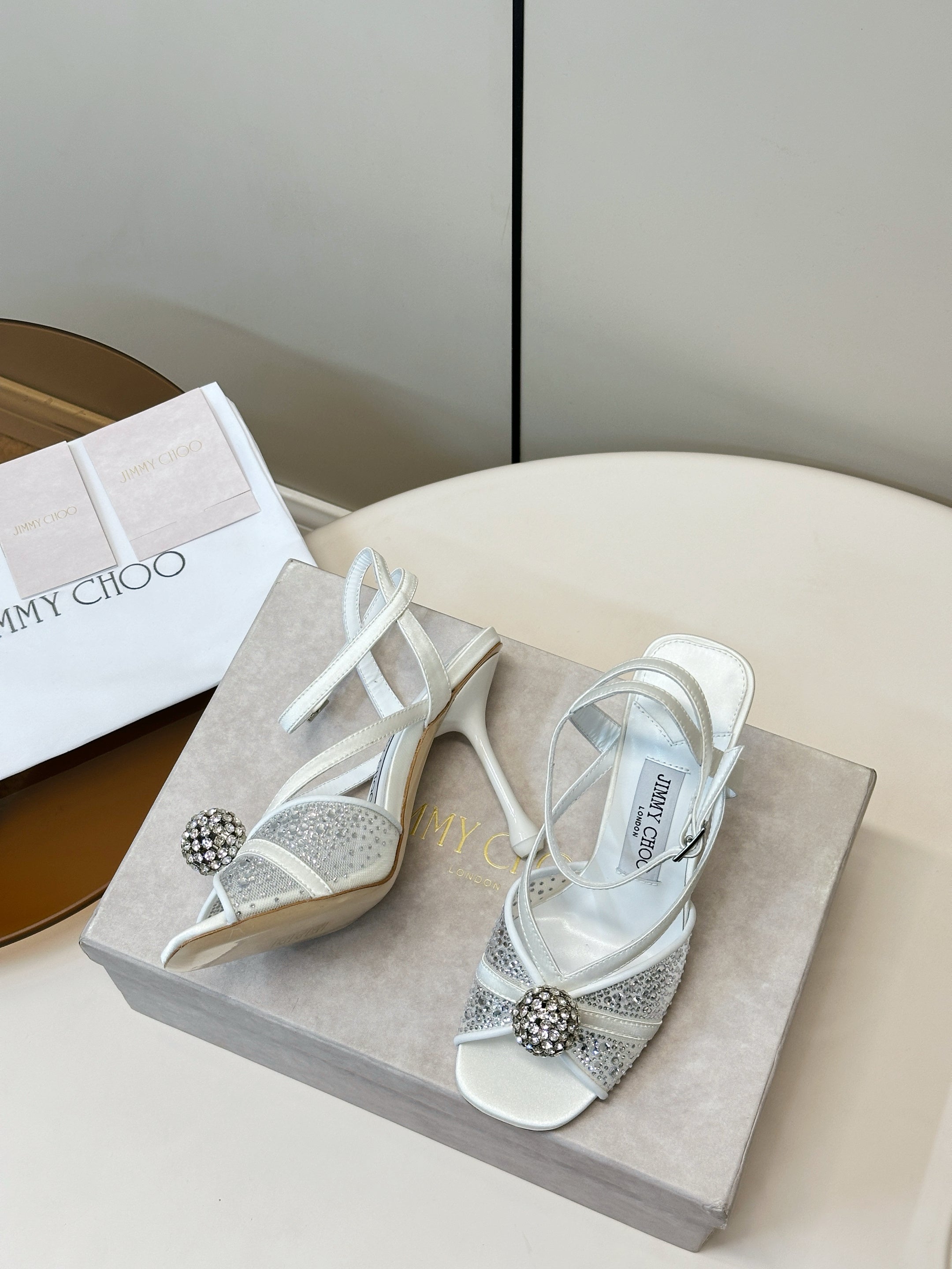 JIMMY CHOO 26S HEELED SANDALS 100 MM IN WHITE CRYSTAL EMBELLISHMENT