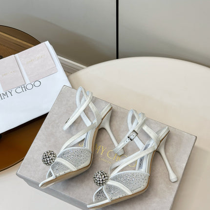 JIMMY CHOO 26S HEELED SANDALS 100 MM IN WHITE CRYSTAL EMBELLISHMENT