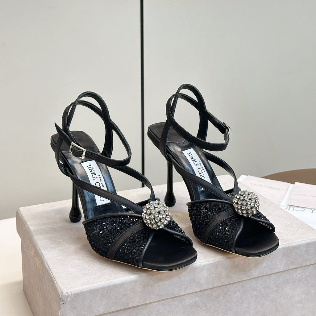 JIMMY CHOO 26S HEELED SANDALS 100 MM IN BLACK CRYSTAL EMBELLISHMENT