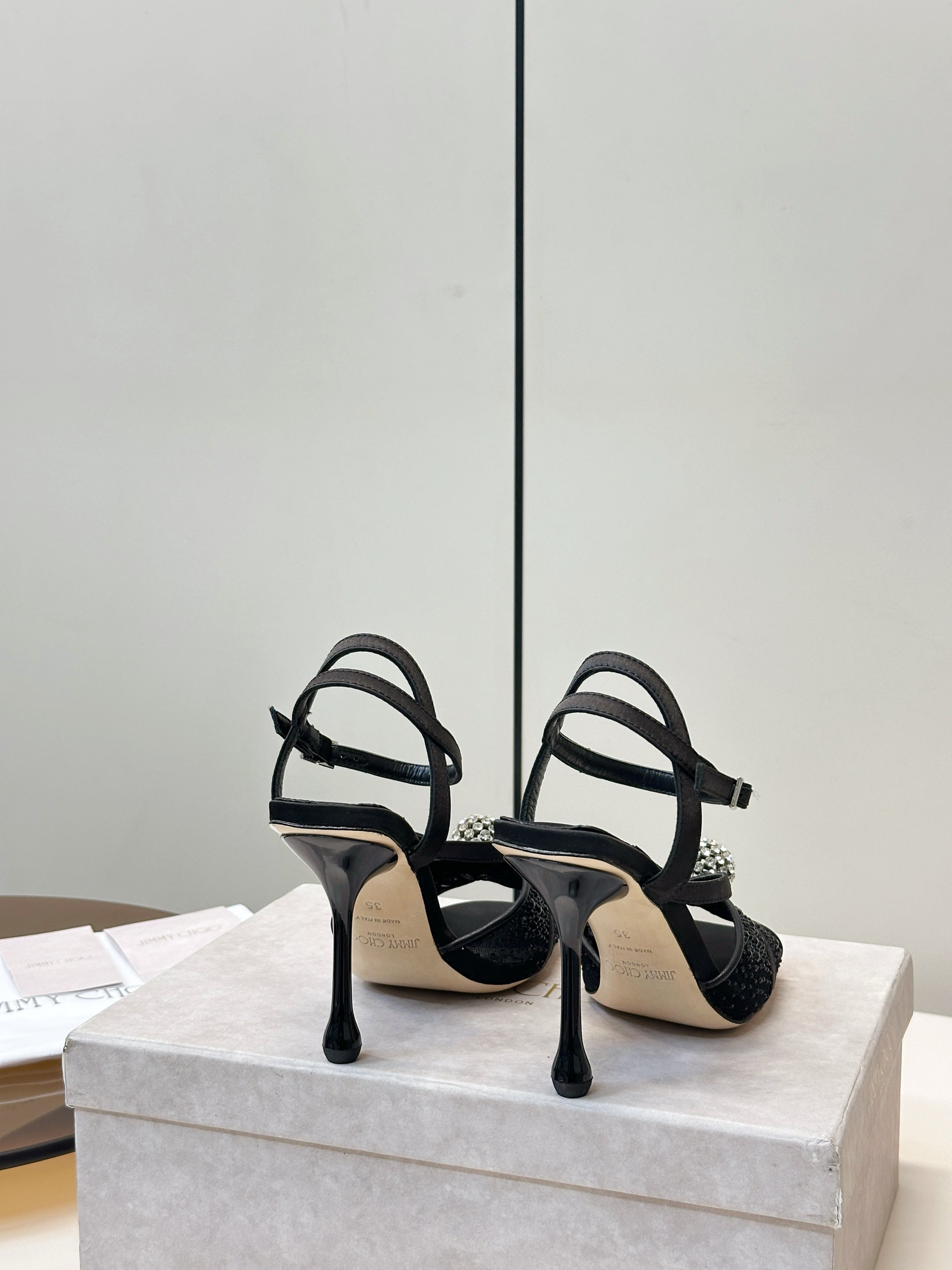 JIMMY CHOO 26S HEELED SANDALS 100 MM IN BLACK CRYSTAL EMBELLISHMENT