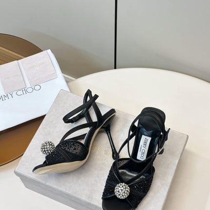 JIMMY CHOO 26S HEELED SANDALS 100 MM IN BLACK CRYSTAL EMBELLISHMENT