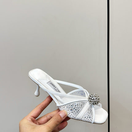 JIMMY CHOO 26S SACORA MULE 80 MM IN WHITE CRYSTAL EMBELLISHMENT