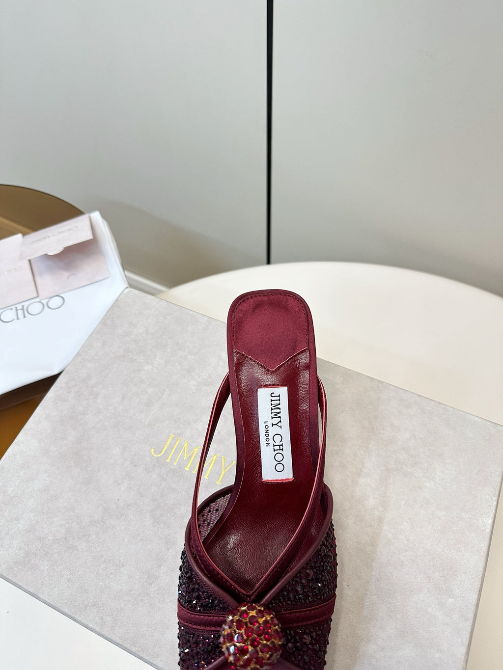 JIMMY CHOO 26S SACORA MULE 80 MM IN DARK RED CRYSTAL EMBELLISHMENT