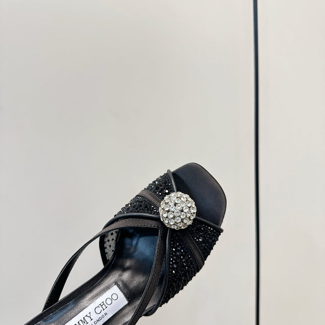 JIMMY CHOO 26S SACORA MULE 80 MM IN BLACK CRYSTAL EMBELLISHMENT
