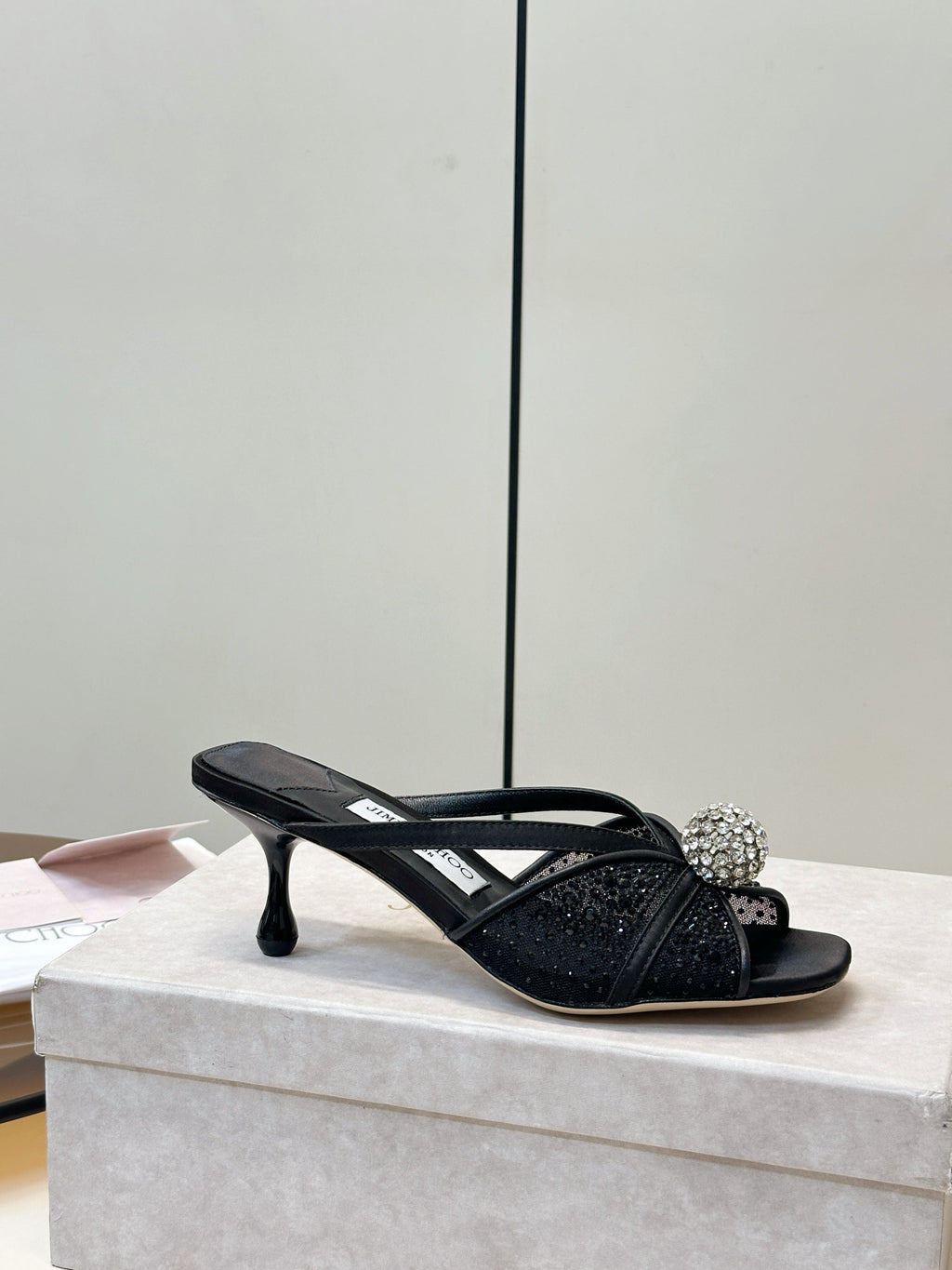 JIMMY CHOO 26S SACORA MULE 80 MM IN BLACK CRYSTAL EMBELLISHMENT