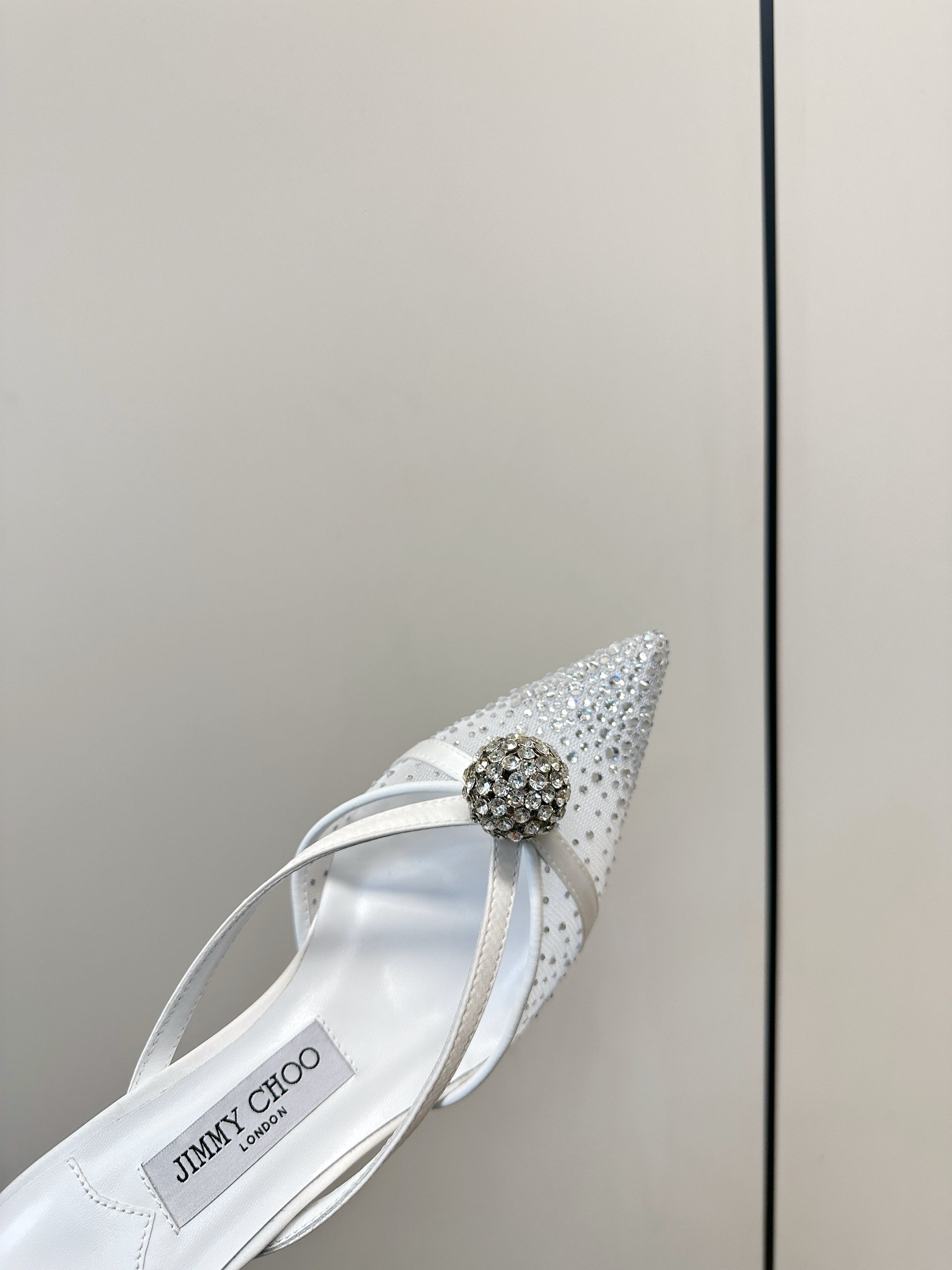 JIMMY CHOO 26S HEELED MULES 80 MM IN WHITE CRYSTAL EMBELLISHMENT