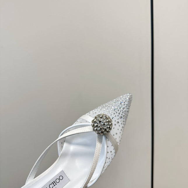 JIMMY CHOO 26S HEELED MULES 80 MM IN WHITE CRYSTAL EMBELLISHMENT