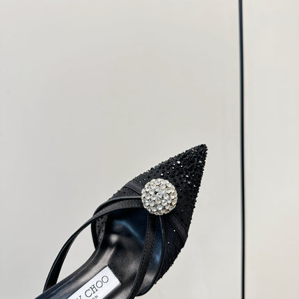 JIMMY CHOO 26S HEELED MULES 80 MM IN BLACK CRYSTAL EMBELLISHMENT