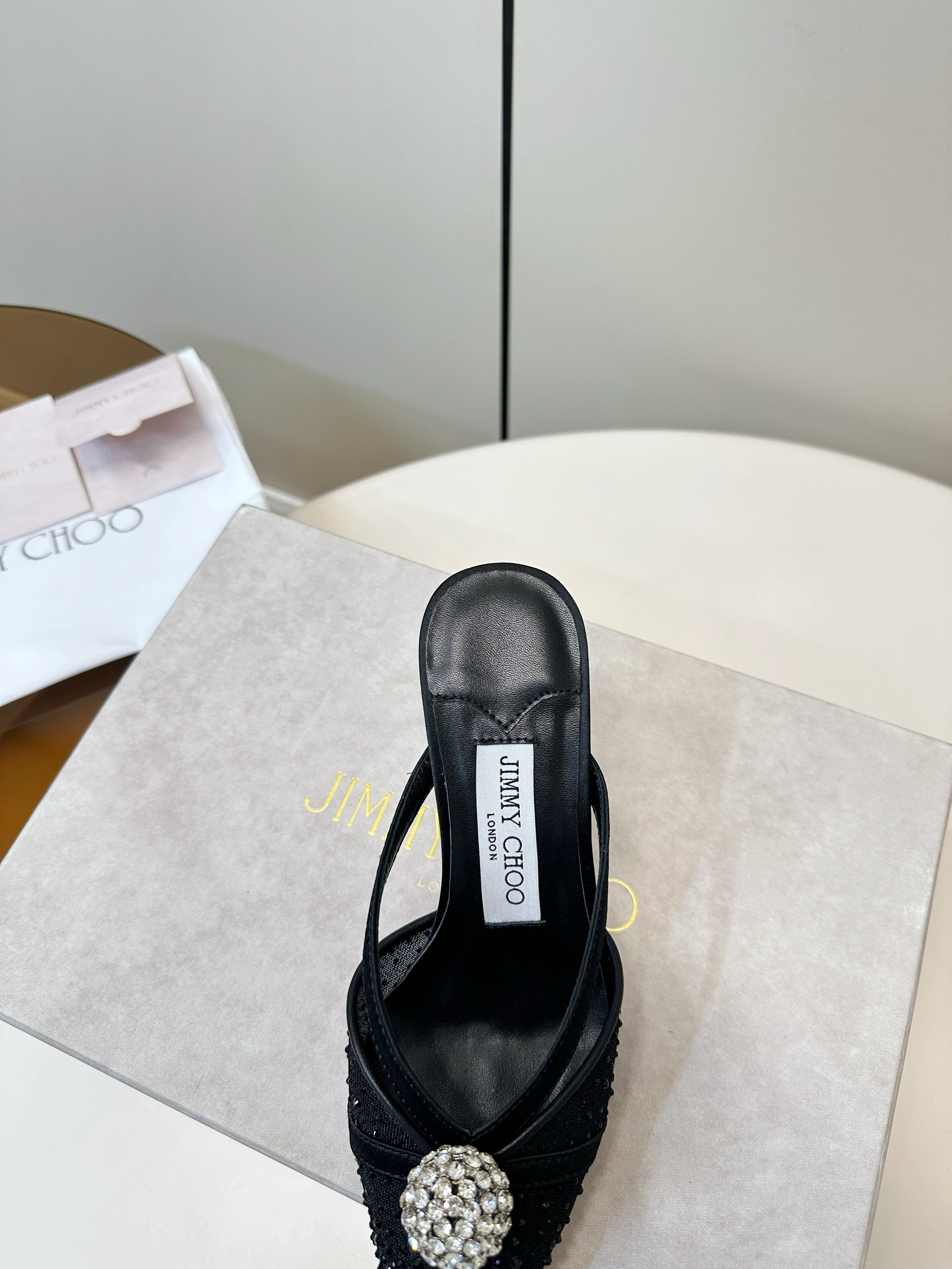 JIMMY CHOO 26S HEELED MULES 80 MM IN BLACK CRYSTAL EMBELLISHMENT