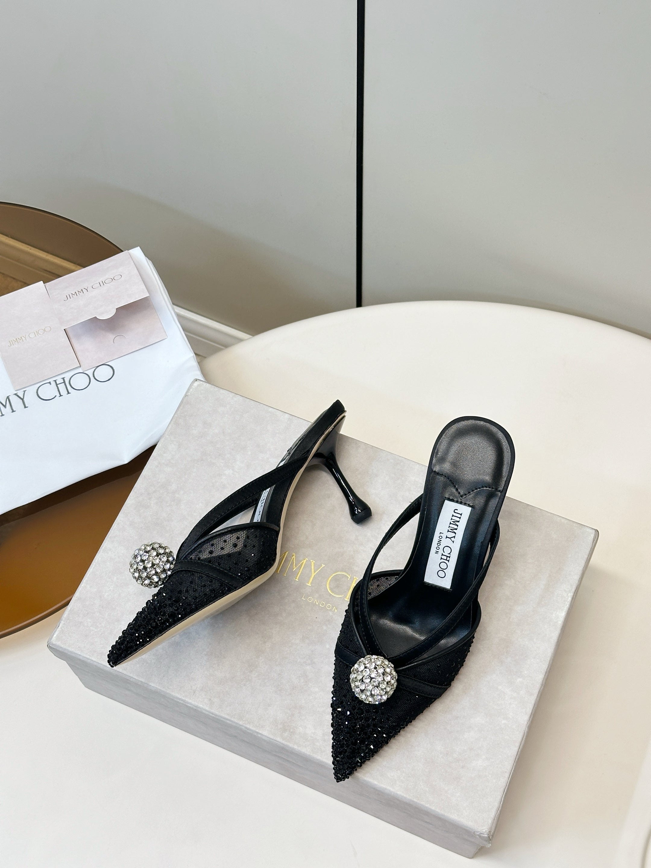 JIMMY CHOO 26S HEELED MULES 80 MM IN BLACK CRYSTAL EMBELLISHMENT