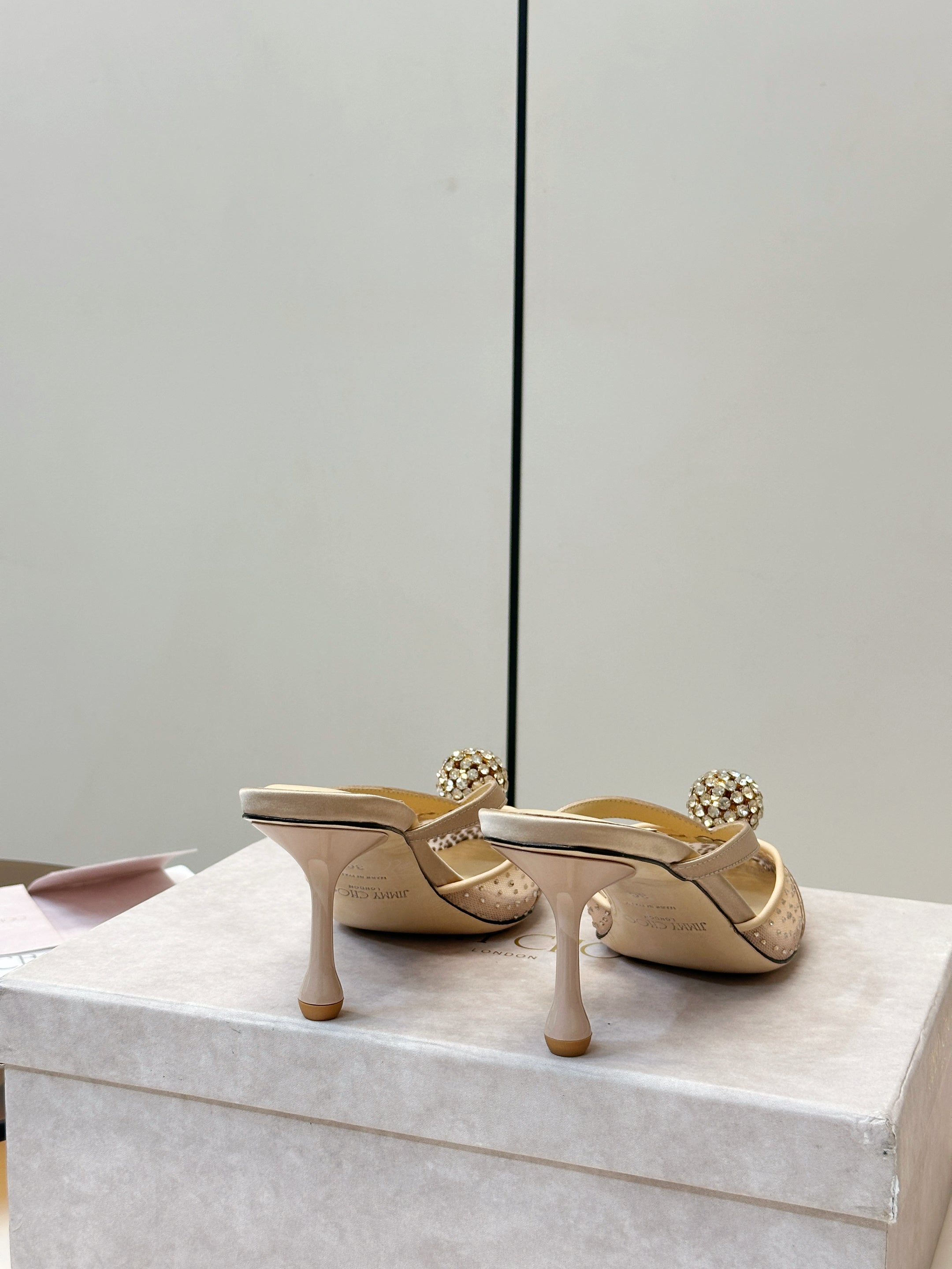 JIMMY CHOO 26S HEELED MULES 80 MM IN BEIGE CRYSTAL EMBELLISHMENT