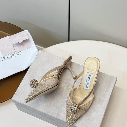JIMMY CHOO 26S HEELED MULES 80 MM IN BEIGE CRYSTAL EMBELLISHMENT