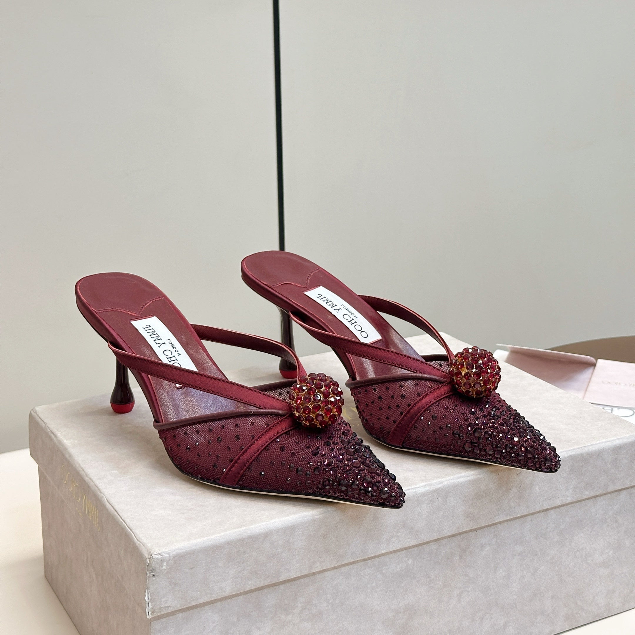 JIMMY CHOO 26S HEELED MULES 80 MM IN DARK RED CRYSTAL EMBELLISHMENT