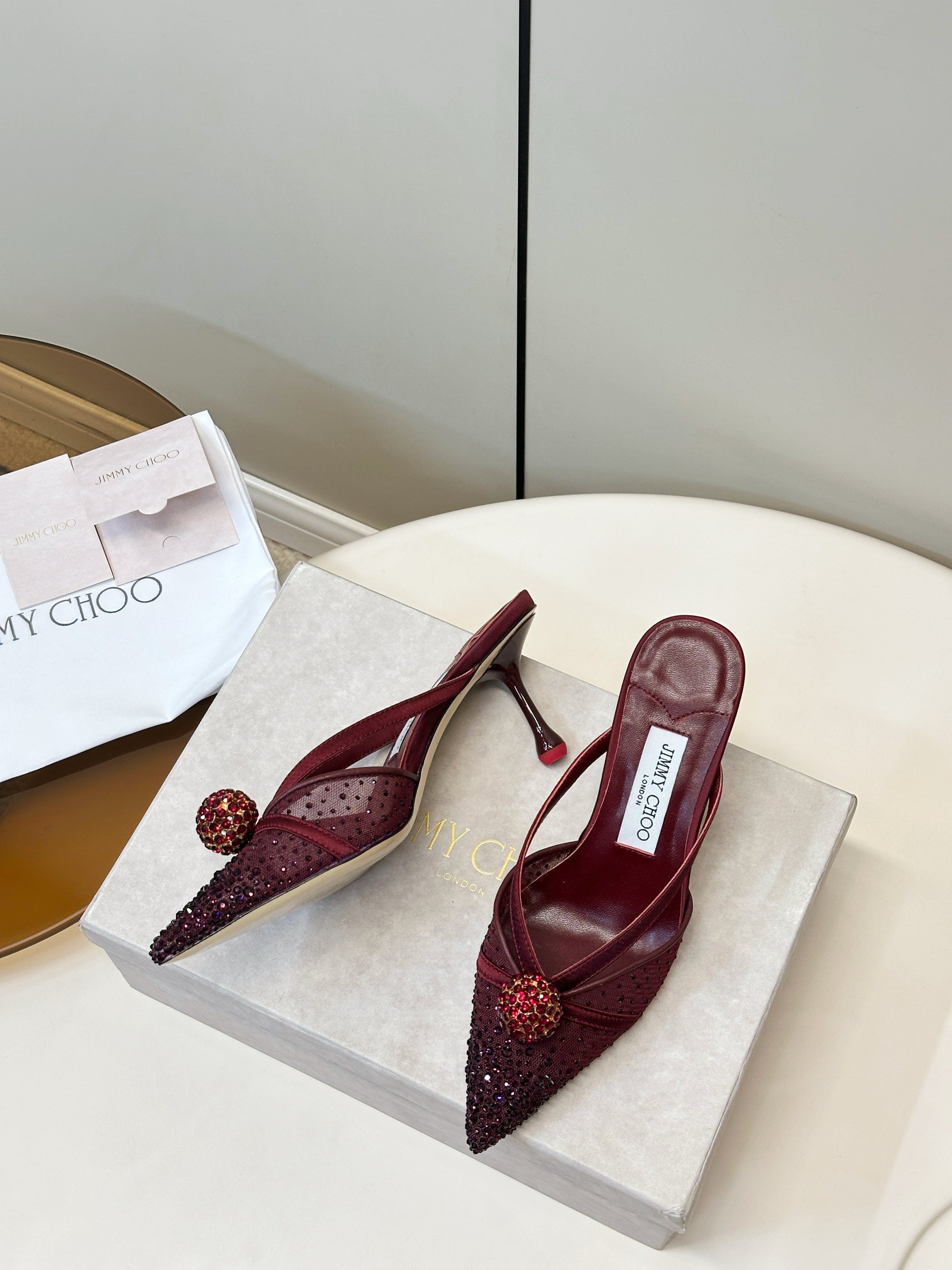 JIMMY CHOO 26S HEELED MULES 80 MM IN DARK RED CRYSTAL EMBELLISHMENT