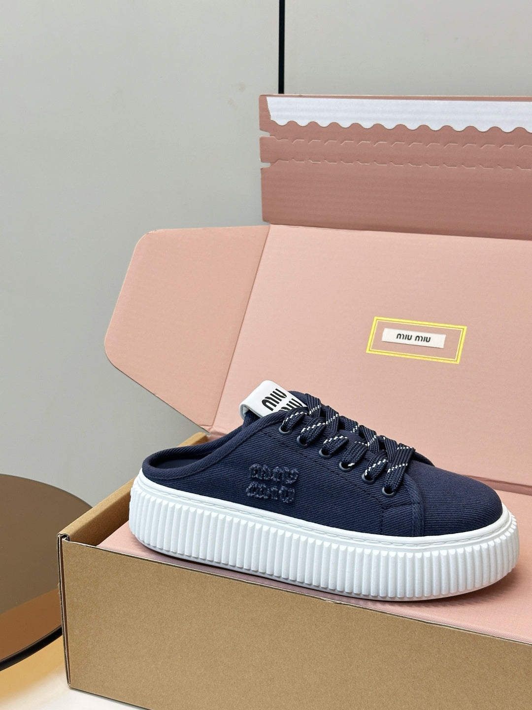MIUMIU 26S SNEAKER MULES IN NAVY BLUE CANVAS