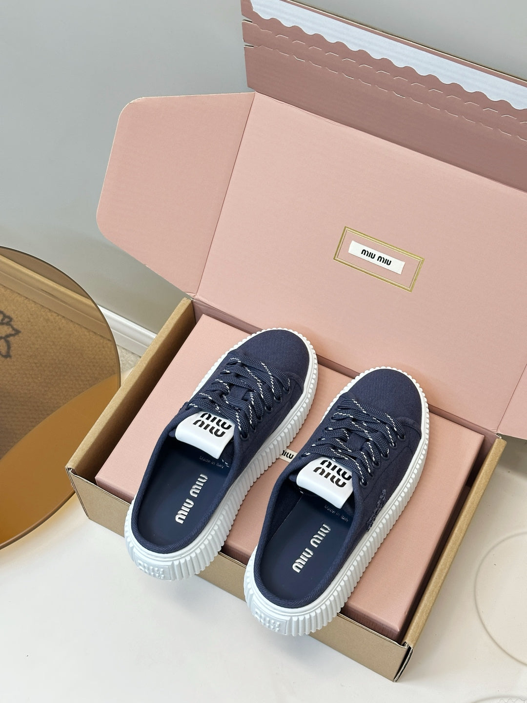 MIUMIU 26S SNEAKER MULES IN NAVY BLUE CANVAS