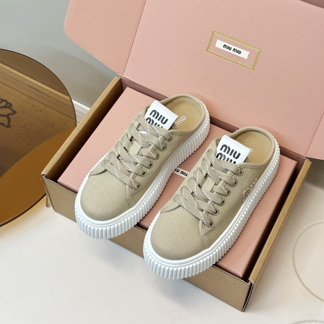 MIUMIU 26S SNEAKER MULES IN BEIGE CANVAS