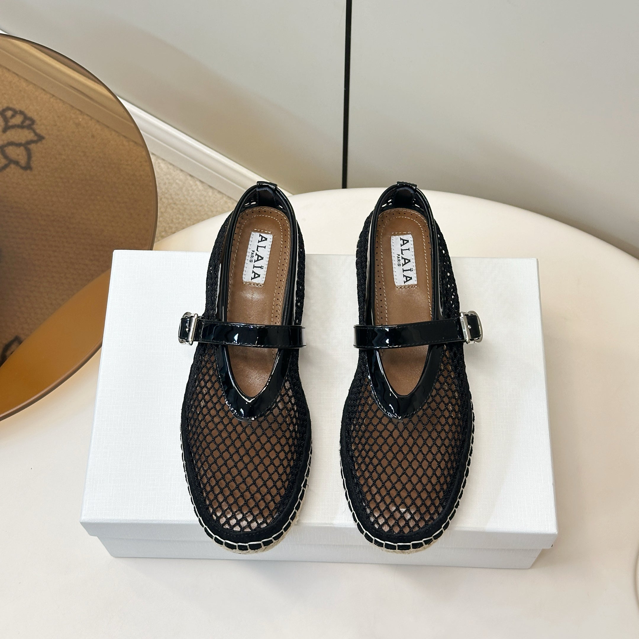 ALAIA 26S ESPADRILLES IN BLACK SOFT PATENT LEATHER AND MESH