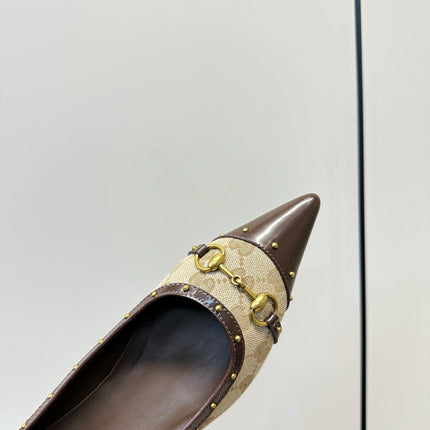 GUCCI 26S STUD BALLET FLATS IN BEIGE CANVAS AND BROWN CALFSKIN