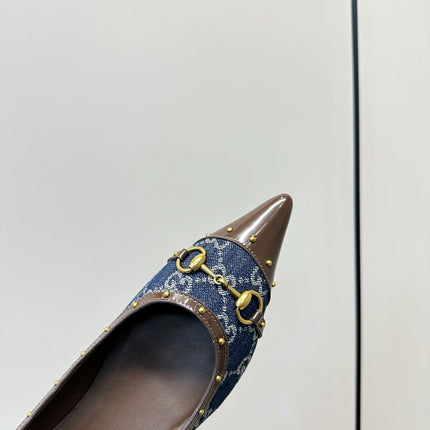 GUCCI 26S STUD BALLET FLATS IN BLUE DENIM AND BROWN CALFSKIN