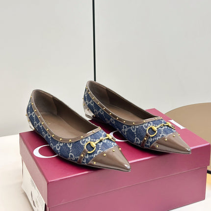 GUCCI 26S STUD BALLET FLATS IN BLUE DENIM AND BROWN CALFSKIN