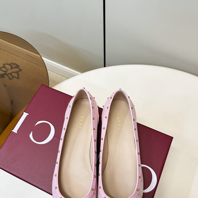 GUCCI 26S STUD BALLET FLATS IN LIGHT PINK CANVAS AND CALFSKIN